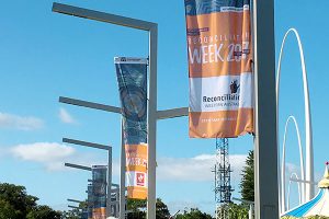 Flags for City of Perth by Imagesource flying in place at Elizabeth Quay in Perth