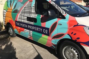 The full vinyl car wrap for The Perth Property Co by Imagesource features their colourful abstract design and is a definite attention stealer on the roads