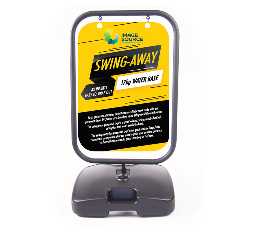 shop signage perth - Available from Imagesource, the Swing Away sign is perfect for sidewalk advertising. The PVC water base weighs up to 17kg when filled and has space for additional branding also. The A2 insert can be easily replaced when needed.