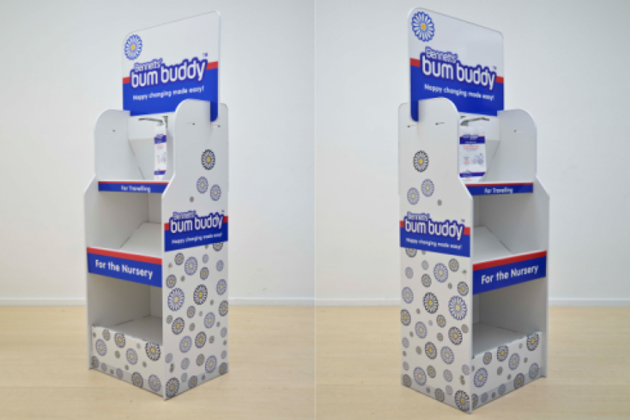 Imagesource brand activation / point-of-sale solution 'Ben' is a two tiered shelving unit is custom printed with your branding or design and is produced using X board which is 15mm thick