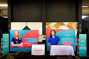Imagesource produced these fabric media walls, table cloths and all-in-one counter / table for Meditatt for the Perth Hair & Beauty Expo