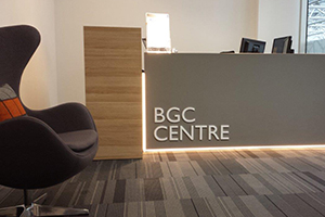 Illuminated signage is fantastic for building fascia signage and reception signage. This example shows the illuminated sign at the BGC Centre reception desk printed, finished and installed by Imagesource.