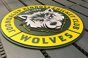 This custom layered cut acrylic sign for the Joondalup Kinross Cricket Club features their wolf mascot
