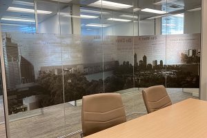 Imagesource Perth printed and installed these window graphics of newspaper print onto optically clear film for Dumas House and Freeway Design
