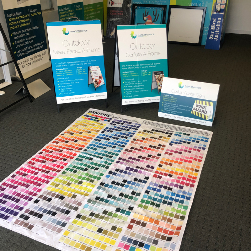Imagesource do flag printing in Perth. This is the Imagesource fabric swatch to match your brand PMS colours prior to printing